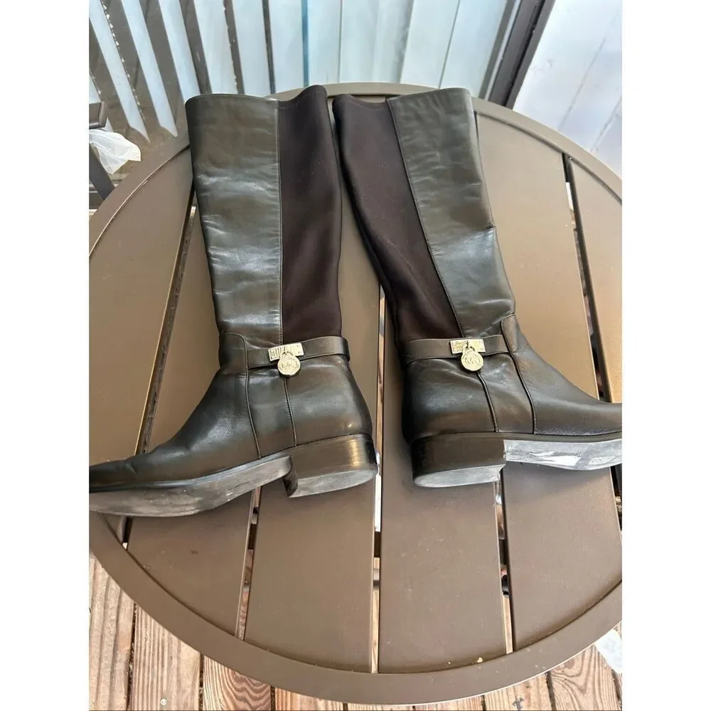 Michael Kors Hamilton Riding Boots Black /Silver Logo Size 6.5 M